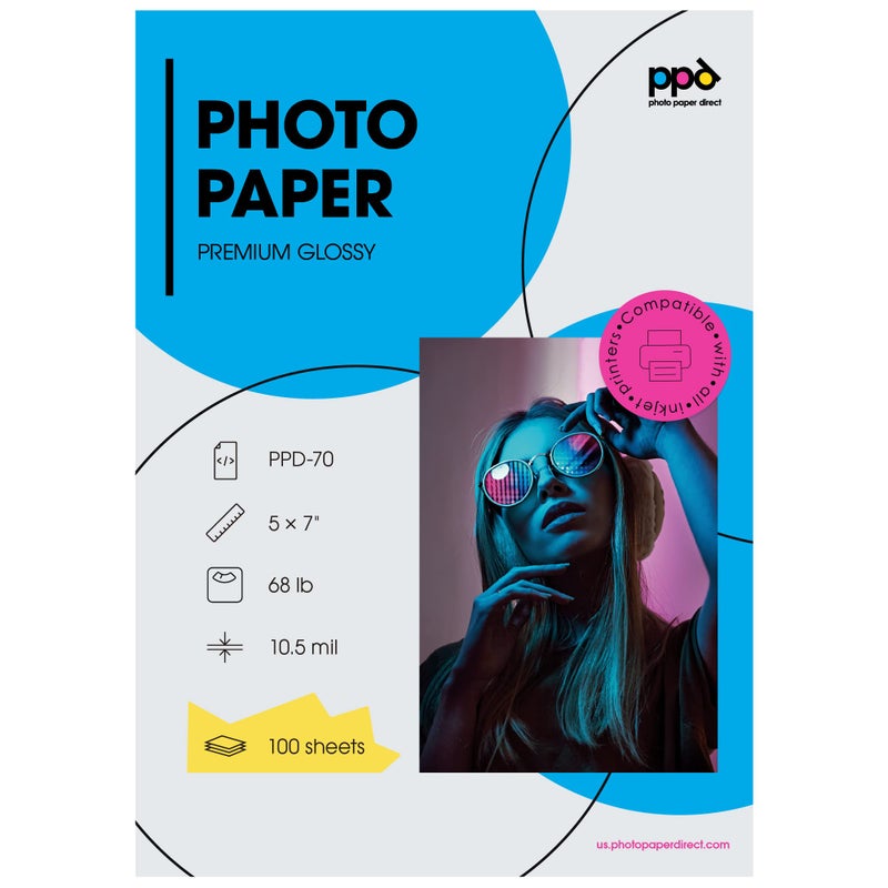 PPD Glossy Photo Paper for Inkjet Printer, 5 x 7"" Premium Quality Printable Sheets for Custom Picture, Professional Photographic Instant Dry For with Normal, Dye or Pigment Ink (100 Pack/280 gsm) - Image 1